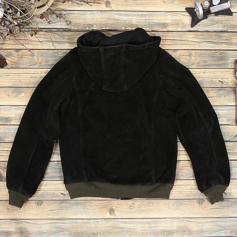 Tailor Brando Classic Suede Cowhide Hooded Sweatshirt Men's Short Retro Cropped Genuine Leather Jacket