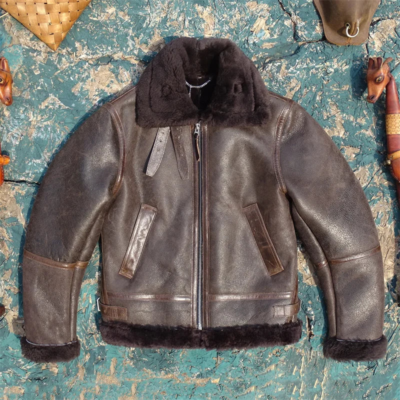 Tailor Brando B6 Aviator Jacket Original Aged Sheep Shearling Men's Classic Genuine Leather Warm Jacket