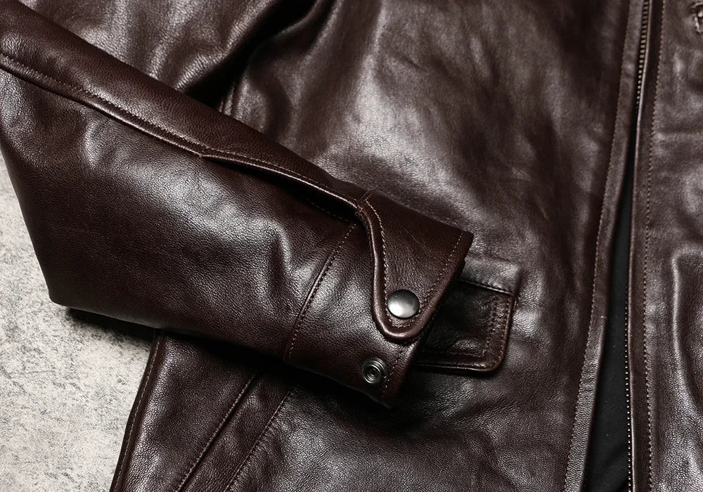 Tailor Brando Retro Men's Lapel Workwear Newsboy Cowhide Jacket Wax Dyed Goat Genuine Leather Jacke