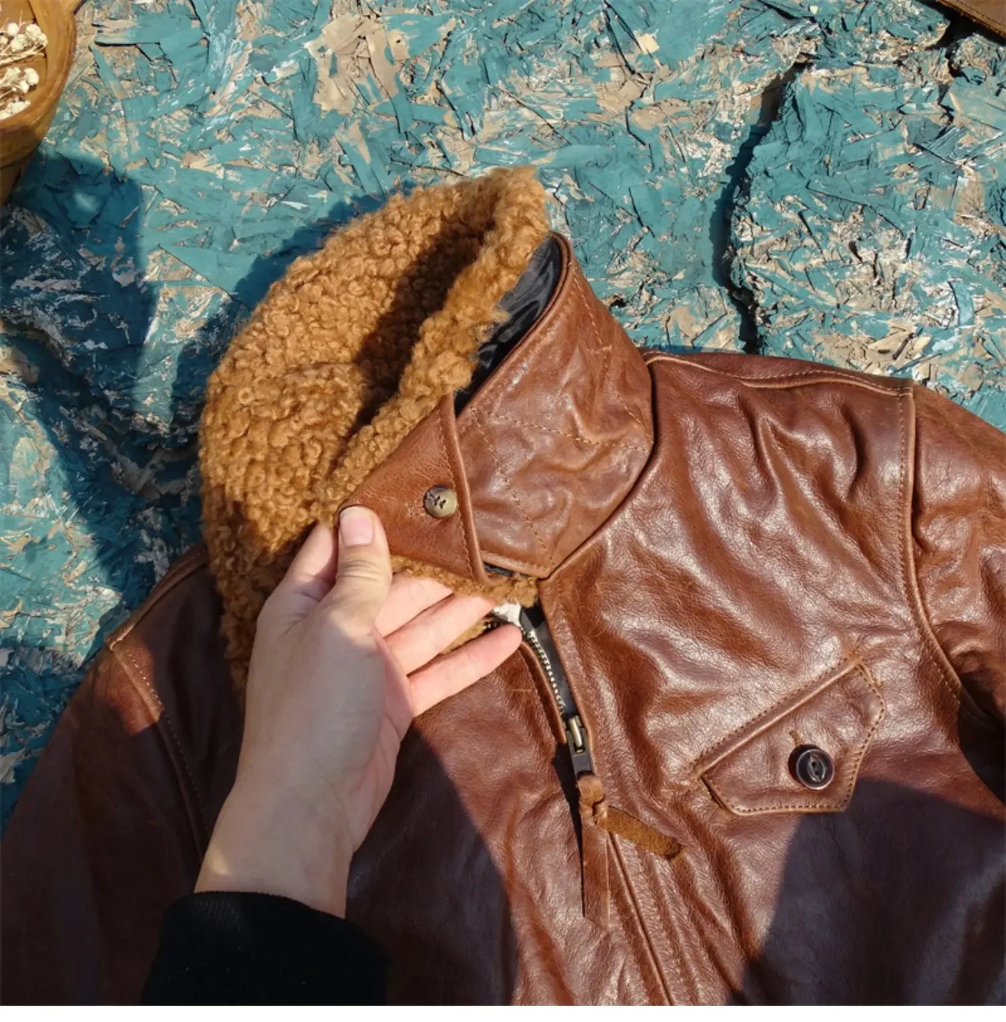 Tailor Brando War-damaged Material Imported Soft Waxy Oil Wax Cowhide Men's Plus Cotton Newsboy Detachable Fur Collar Jacket