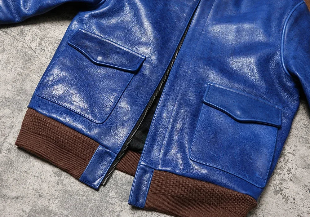 Wax Feel Unpainted Indigo Dyed Cowhide Jacket, Heavyweight Escape A2 Flight Suit, Leather Jacket, Men's Retro Leather Jacket