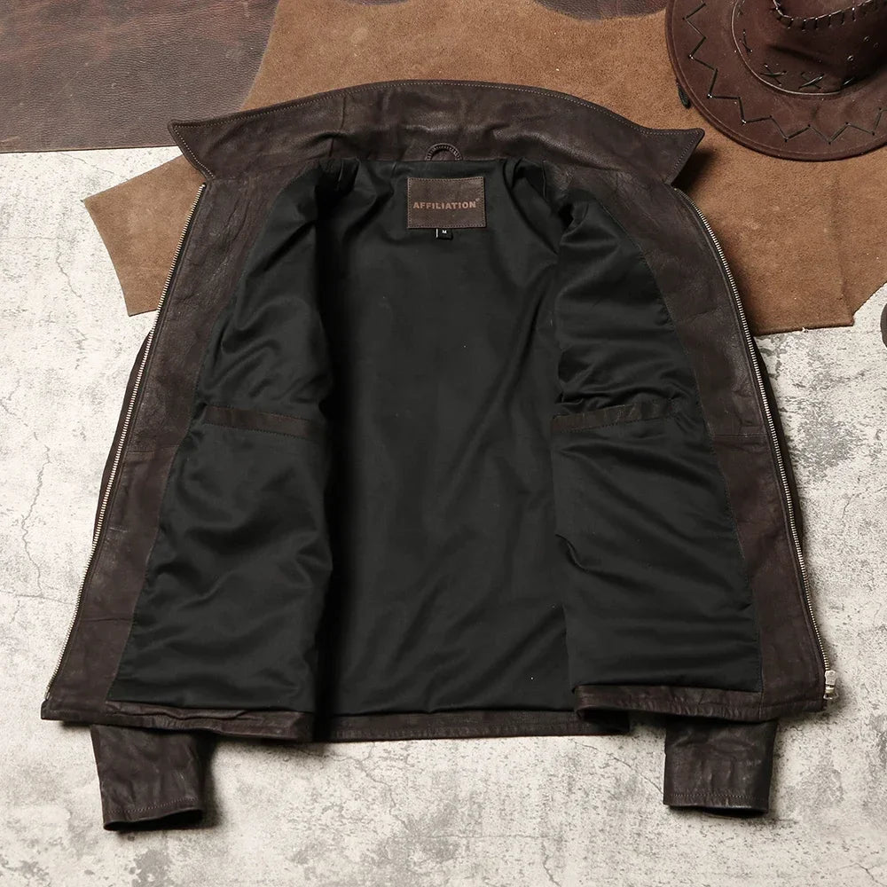1930 Lapel Slim-fit Leather Leather Jacket Batik Uncoated Ground Goatskin Coat Washed Retro Old Leather Jacket