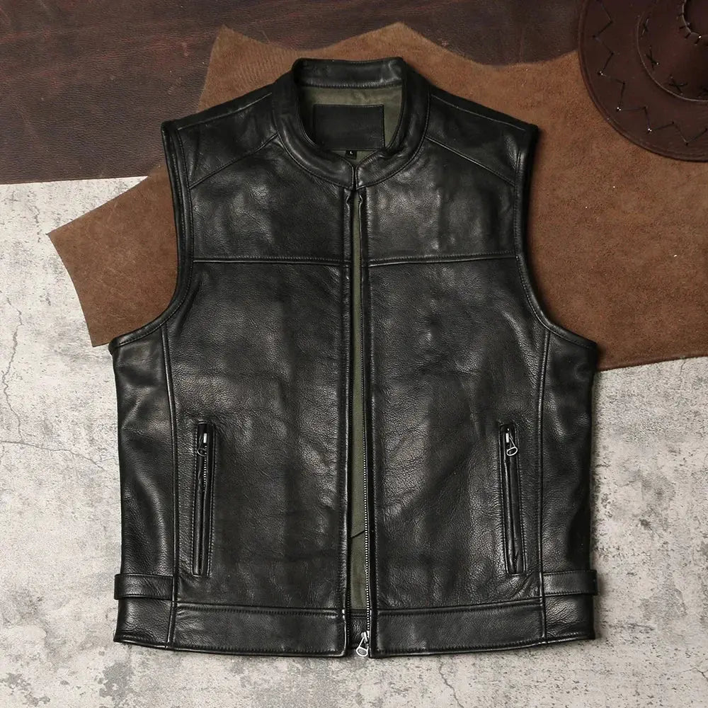 Sons of Anarchy Club Motorcycle Leather Vest Riding Leather Vest Mesh Perforated Top Layer Leather Vest. Tailor Brando