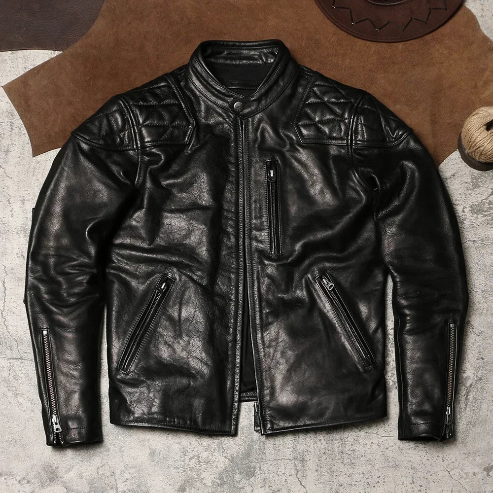 Heavy Venom Stand Collar Locomotive Slim Fit Leather Jacket Batik Unpainted Top Layer Cowhide Jacket Autumn Winter