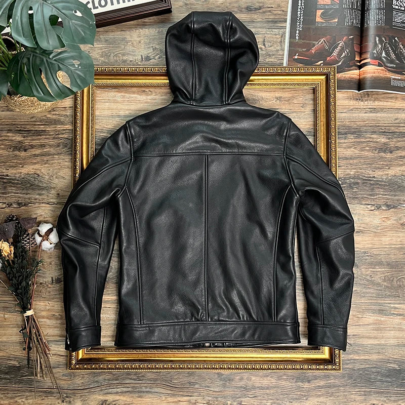 Tailor Brando Full Grain Water-dyed Cowhide Men's Casual Hooded Short Genuine Leather Jacket
