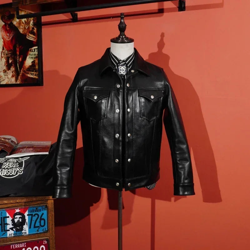 Classic 507X Italian Cowhide Denim Motorcycle Leather Coat Kaji American Retro Slim Fit Short Men's