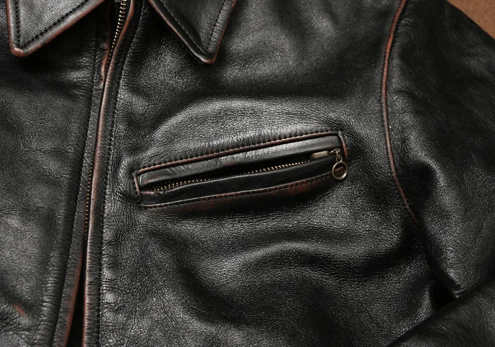Tailor Brando Handmade Distressed Tea Core Cowhide Men's 1930 Classic Lapel Men's Biker Genuine Leather Jacket