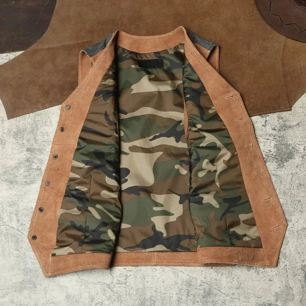 Tailor Brando American Retro Leather Vest Reverse Suede Cowhide V-neck Short Slim Fit Vest, Amikaki Contrasting Leather Shoulder Tailor Brando
