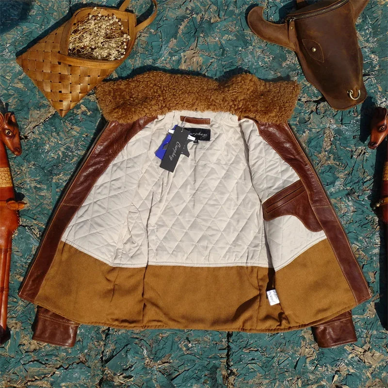 Tailor Brando War-damaged Material Imported Soft Waxy Oil Wax Cowhide Men's Plus Cotton Newsboy Detachable Fur Collar Jacket