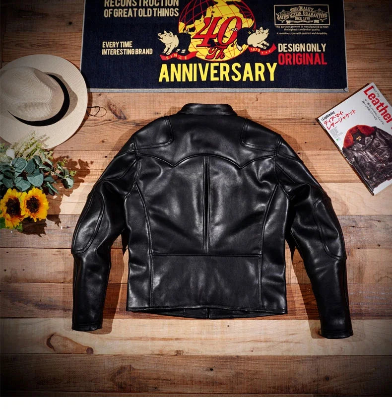 Classic Tom Hardy Venom Italian Vegetable Tanned Cowhide Leather Jacket Stand Up Collar Biker American Vintage Men's Crop Jacket