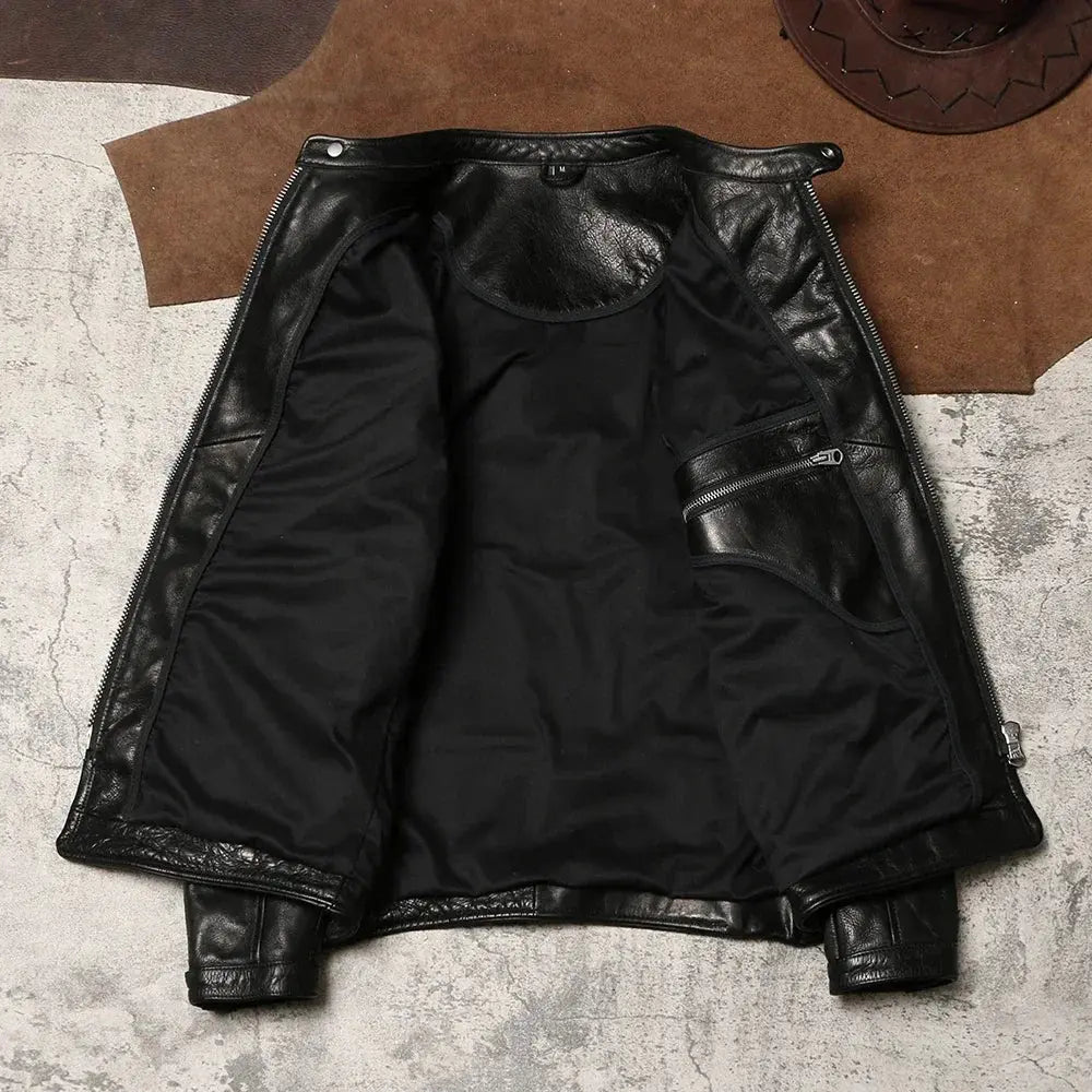 J100 Standing Collar Motorcycle Leather Jacket 1.4mm Wax Dyed Unpainted Cowhide Jacket Men's Genuine Leather Cycling Suit Tailor Brando
