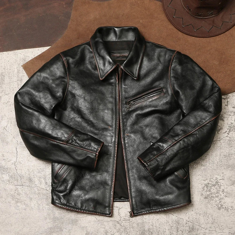 Tailor Brando Handmade Distressed Tea Core Cowhide Men's 1930 Classic Lapel Men's Biker Genuine Leather Jacket