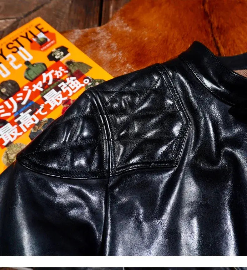 Tailor Brando Heavyweight 1.5MM Full Grain Batik Horsehide Classic Venom Men's Standing Collar Genuine Leather Biker Jacket Tailor Brando