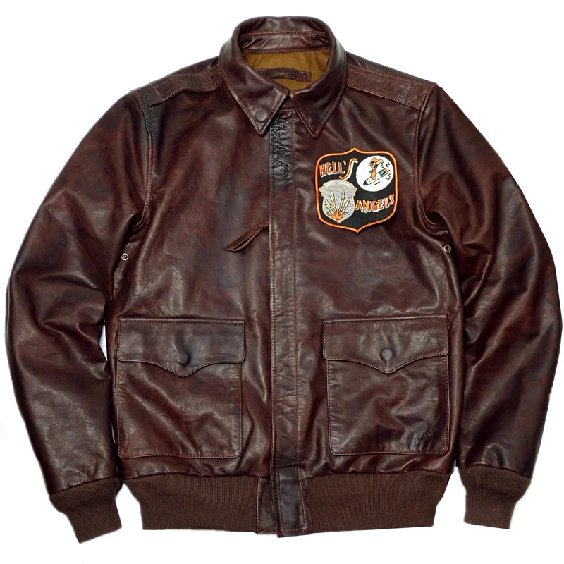 Tailor Brando Vegetable Tanned Oil Waxed Horsehide Men's Classic A2 Aviator Jacket Short Genuine Leather Jacket