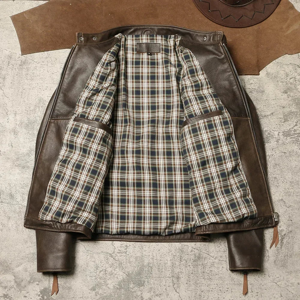 American Retro Distressed Unpainted Soft Cowhide Jacket, Autumn and Winter Genuine Leather Cycling Jacket