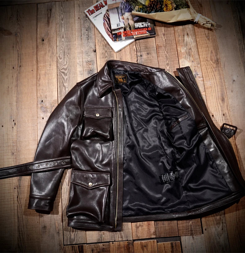 Tailor Brando Classic American Retro Double Zipper Sheepskin M65 Leather Men's Coat Soft and Comfortable Leather Safari Jacket