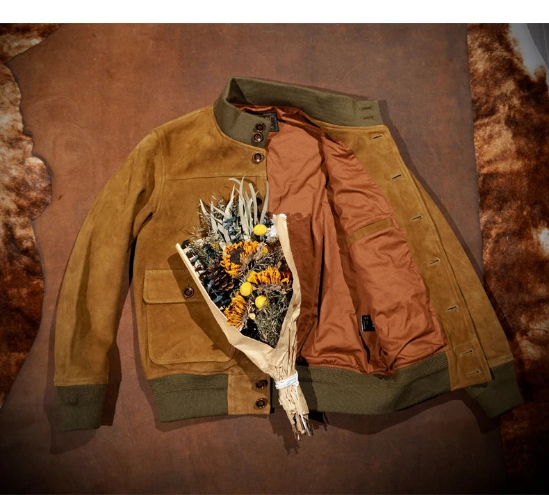 American Retro A1 Flight Suit,  Suede Leather Deerskin Leather Jacket, Men's Short Jacket, Slim Fit Amei Kaji