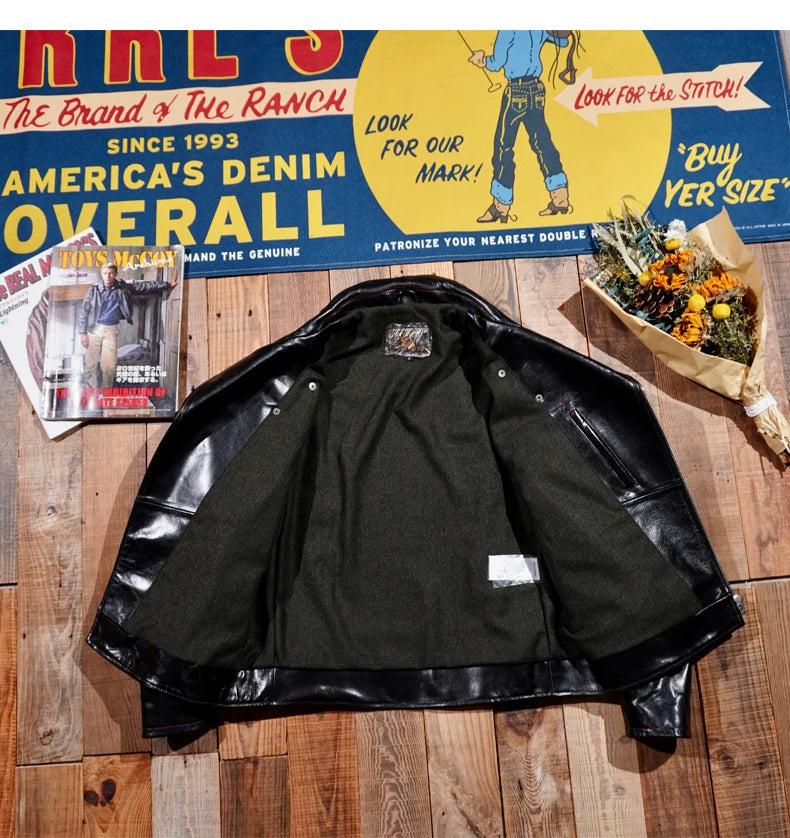 2023 Classic Japanese Lapel Motorcycle Jacket Vegetable Tanned Horseskin Diagonal Leather Men's Short Slim Leather Jacket
