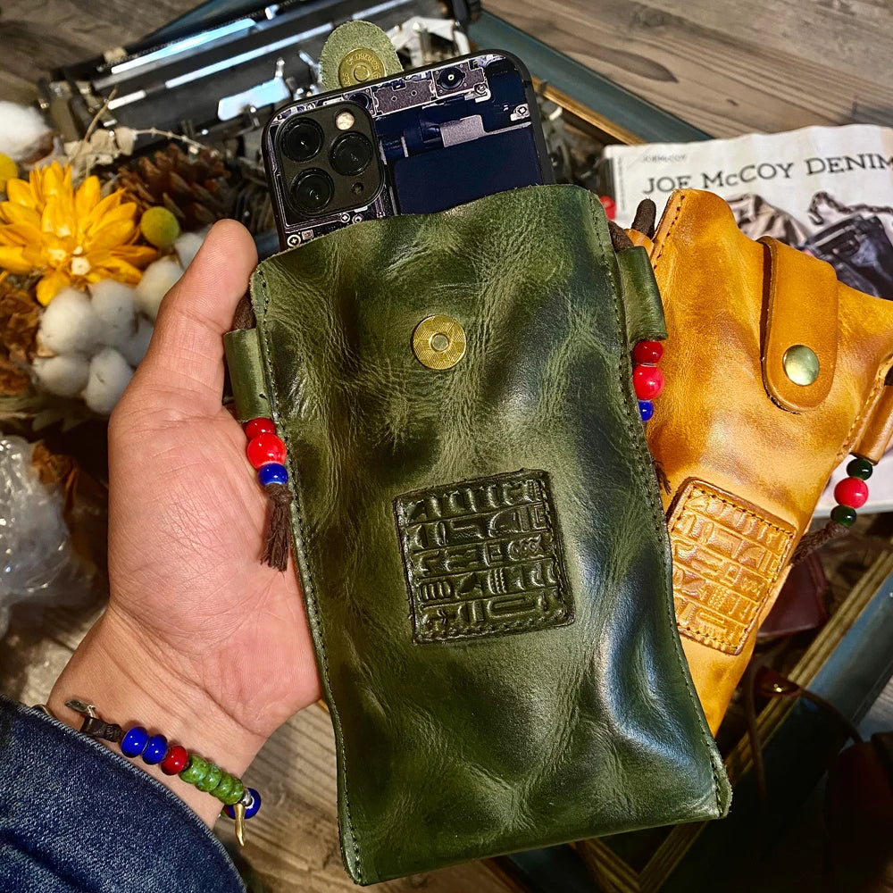 Tailor Brando Y-1 High Quality Vegetable Tanned Handmade Old Calfskin Phone Key Case Small Shoulder Bag