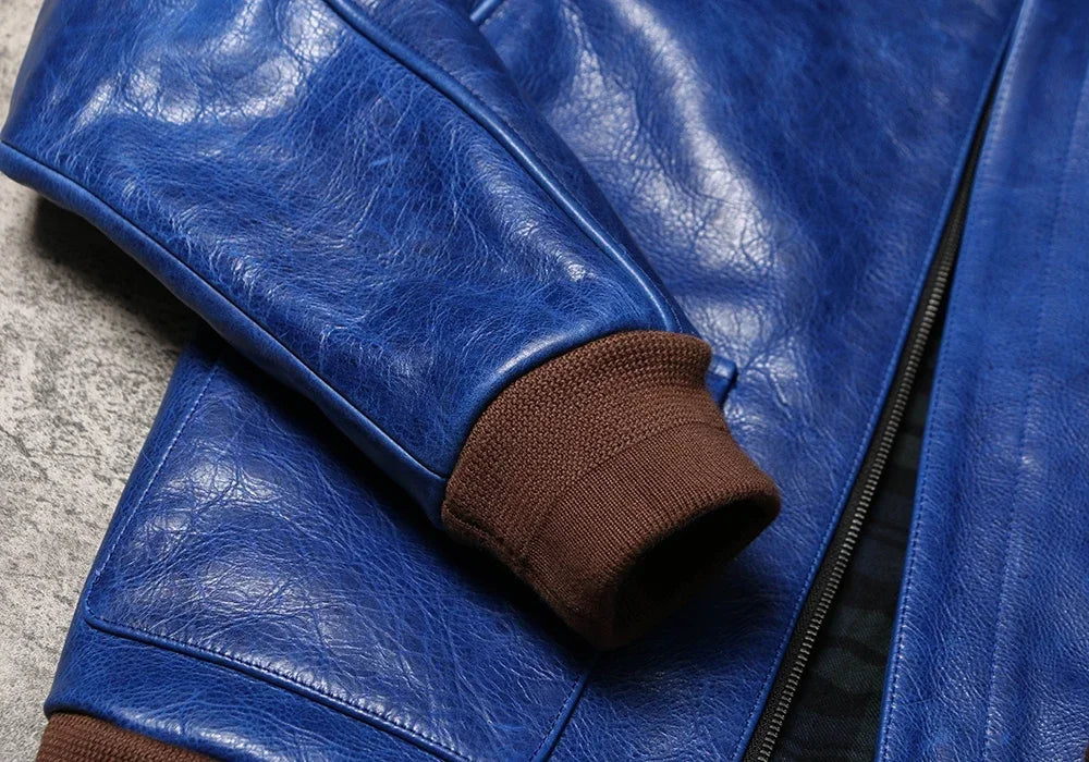 Wax Feel Unpainted Indigo Dyed Cowhide Jacket, Heavyweight Escape A2 Flight Suit, Leather Jacket, Men's Retro Leather Jacket