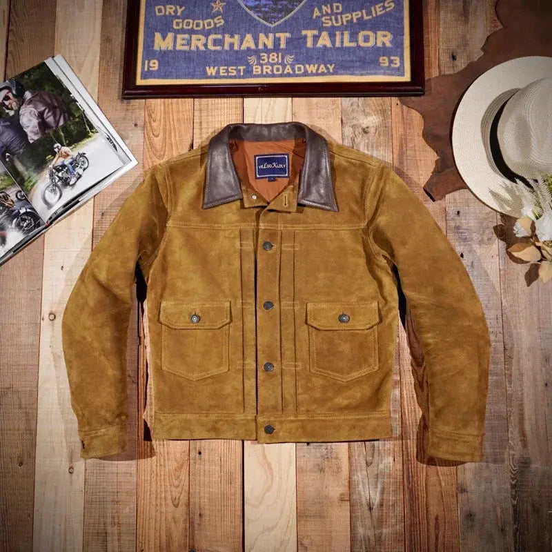 Look At The Texture! RRL American Vintage Italian Oil Wax Suede Cowhide 506 Biker Denim Jacket Leather Jacket Tailor Brando