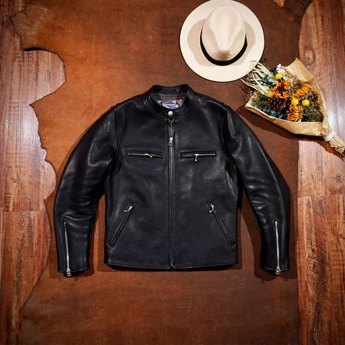 2.0 Thick and Heavy J100 Holven Horween1930S Full Grain Cowhide Leather Men's Motorcycle Short Stand Collar.