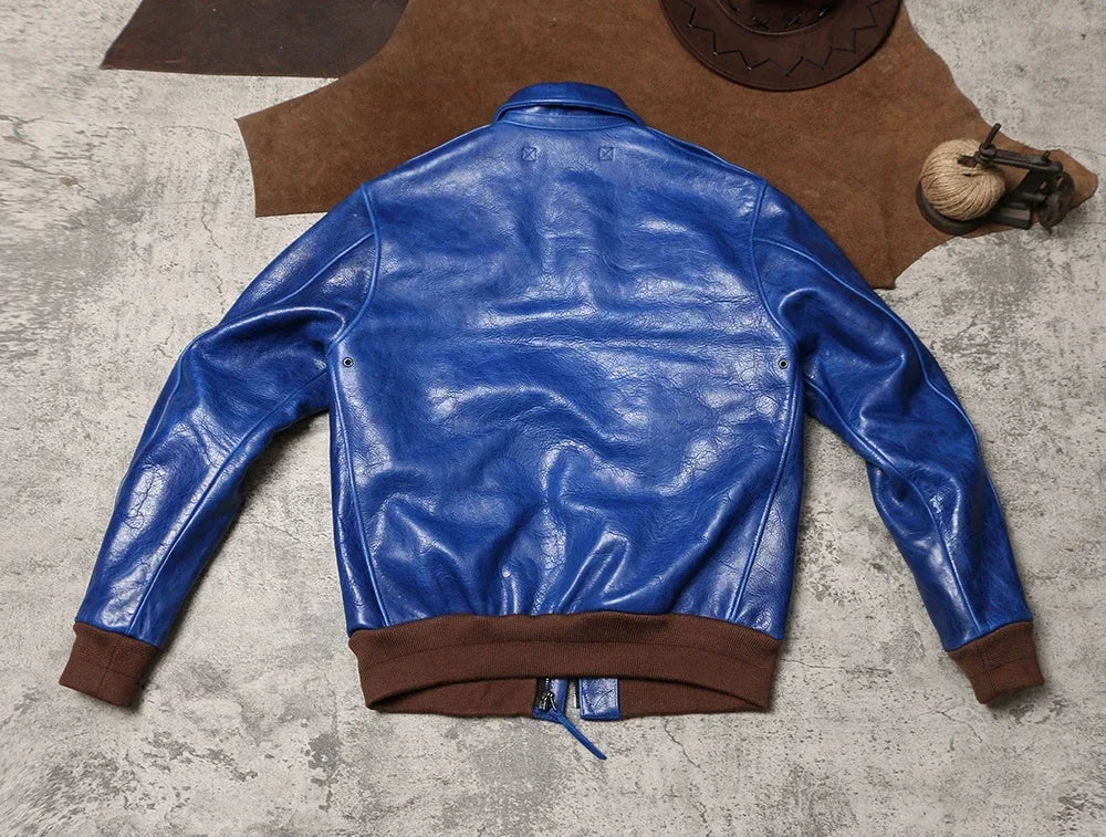 Wax Feel Unpainted Indigo Dyed Cowhide Jacket, Heavyweight Escape A2 Flight Suit, Leather Jacket, Men's Retro Leather Jacket