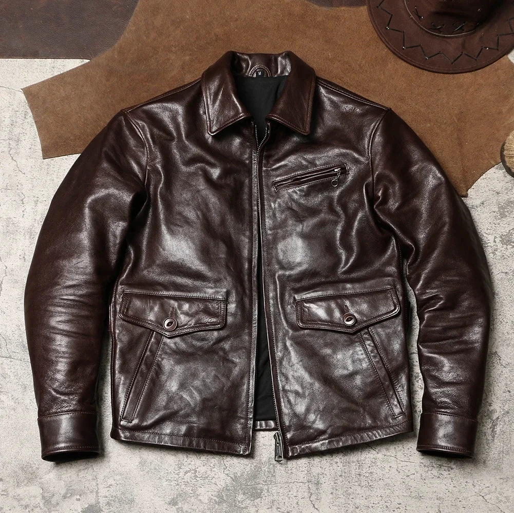 Tailor Brando Retro Men's Lapel Workwear Newsboy Cowhide Jacket Wax Dyed Goat Genuine Leather Jacke