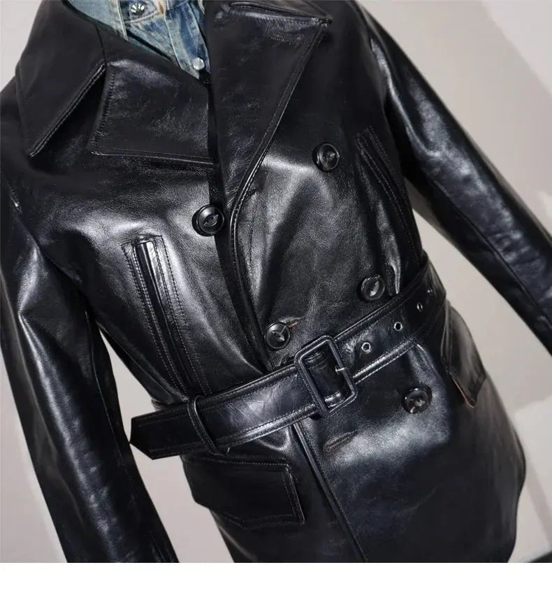 Tailor Brando Full-Grain Vegetable-Tanned Horsehide Men's Vintage 740 Double-Breasted Genuine Leather Navy Peacoat Tailor Brando