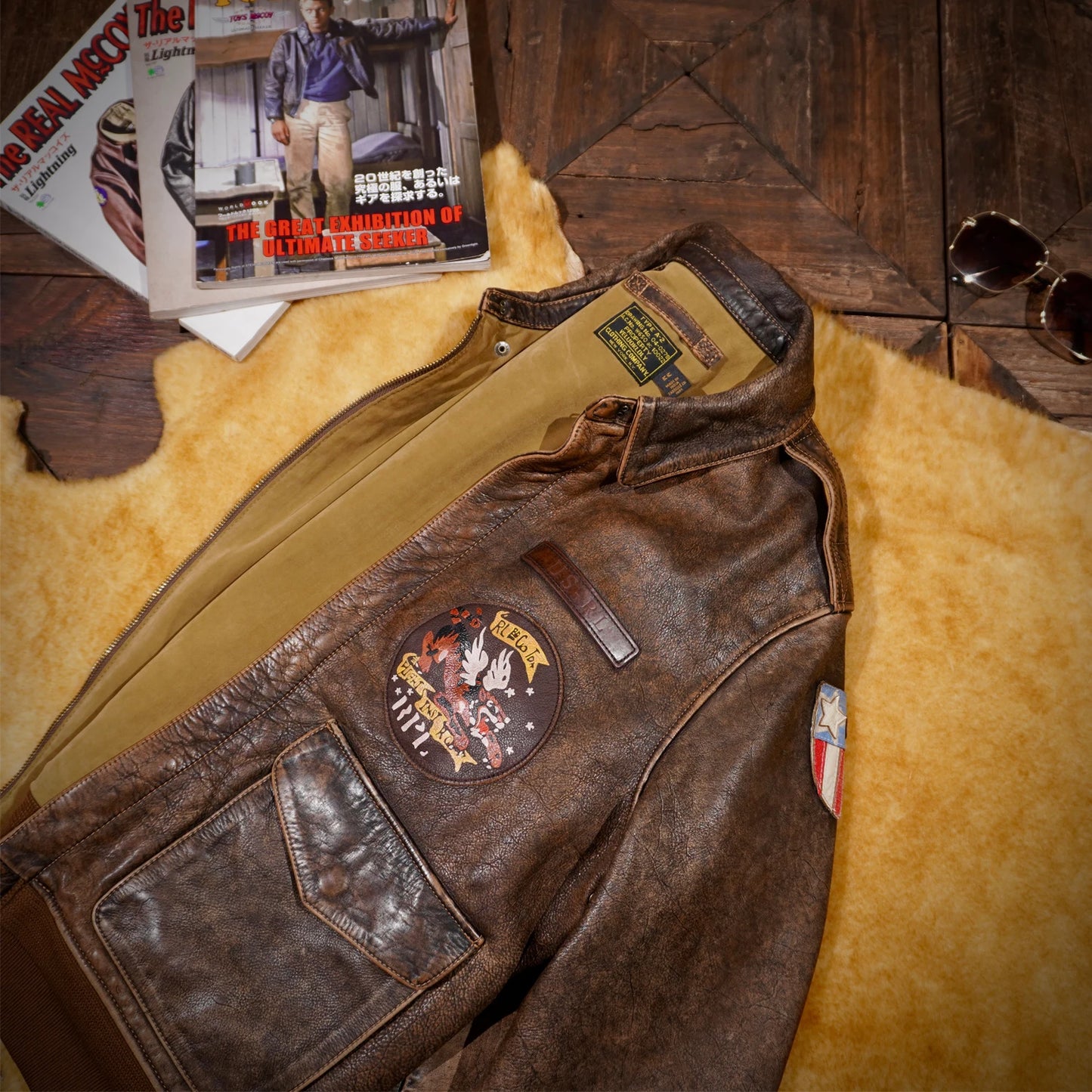 Tailor Brando Full Grain Vegetable Tanned Washed Aged A2 Flying Tigers Bomber Jacket Men's Classic Short Leather Jacket