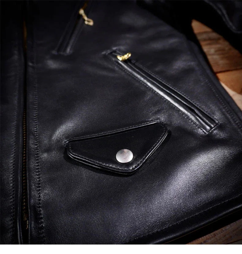 Classic Tom Hardy Venom Italian Vegetable Tanned Cowhide Leather Jacket Stand Up Collar Biker American Vintage Men's Crop Jacket