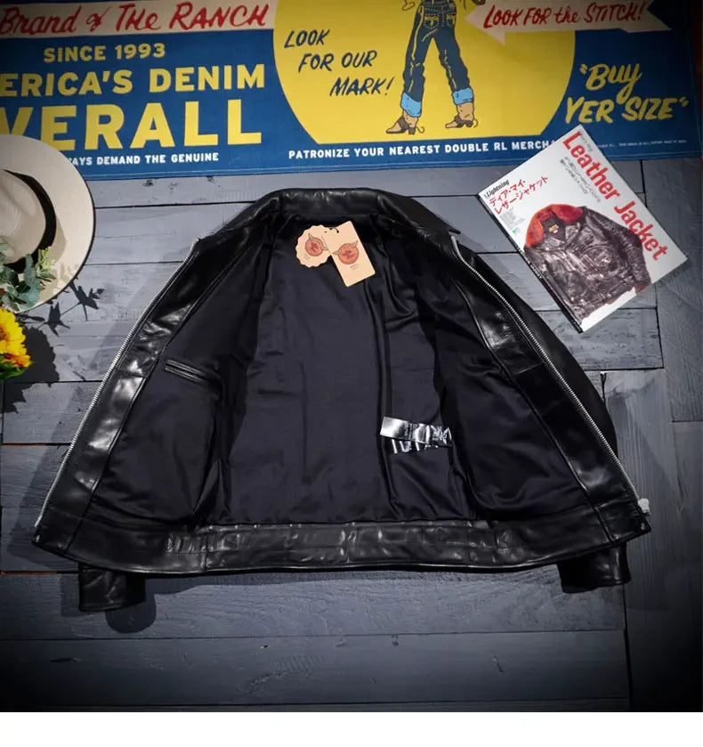 Tailor Brando Muhrando Genuine Leather Wooden Box Plant Tanned Wax Dyed Top Layer Horseskin Biker Leather Jacket
