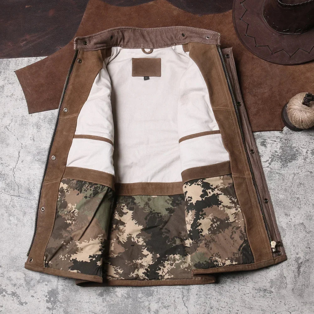 Tailor Brando Workwear Leather Vest Retro Hunting Suit with Multiple Pockets Cowhide Vest Men's Genuine Leather Sleeveless