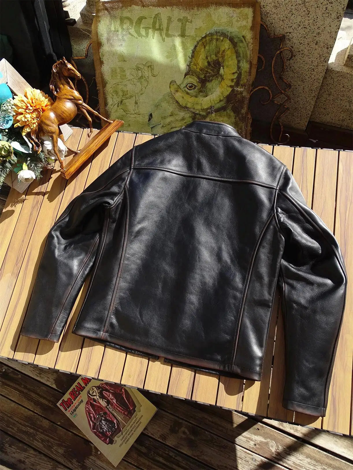 Tailor Brando Full Grain Vegetable Tanned Tea Core Horsehide Unlined Men's J100 Vintage Genuine Leather Biker Jacket