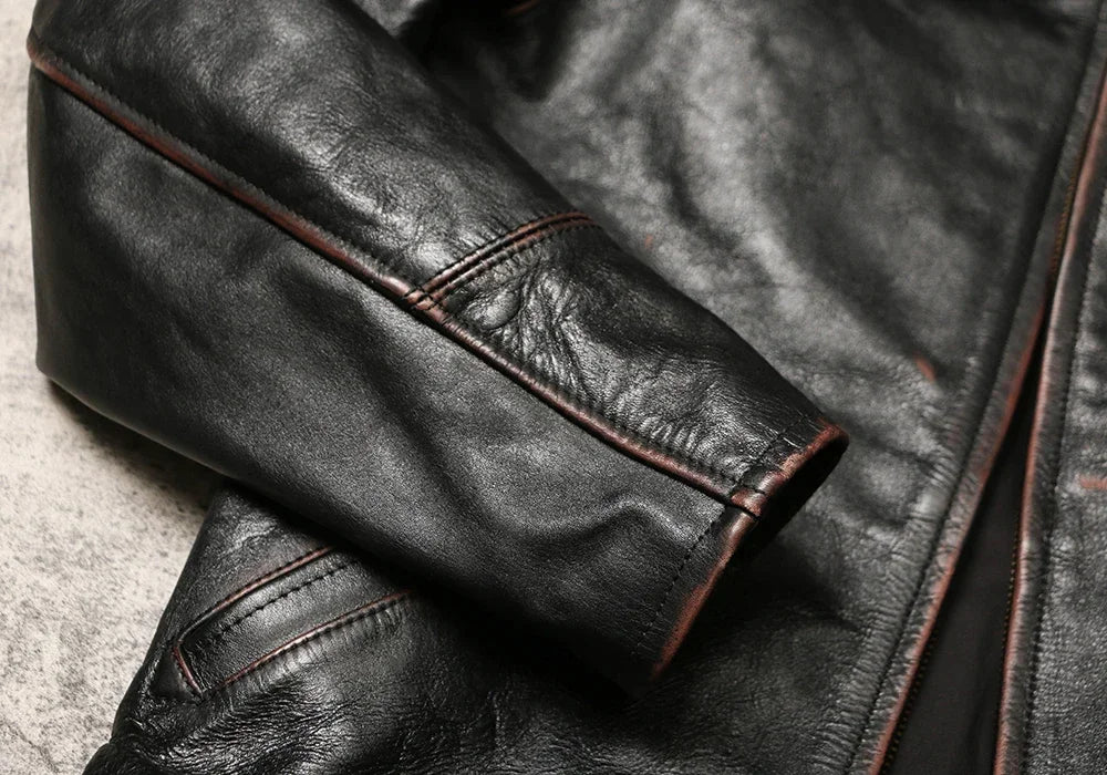 Tailor Brando Handmade Distressed Tea Core Cowhide Men's 1930 Classic Lapel Men's Biker Genuine Leather Jacket