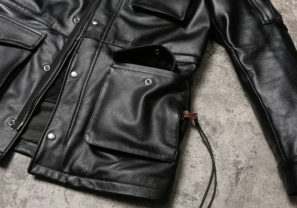 M65 Hooded & Cotton Leather Jacket Multi-Pocket Midi Cowhide Hunting Leather Jacket Winter Outdoor Cargo Leather Jacket