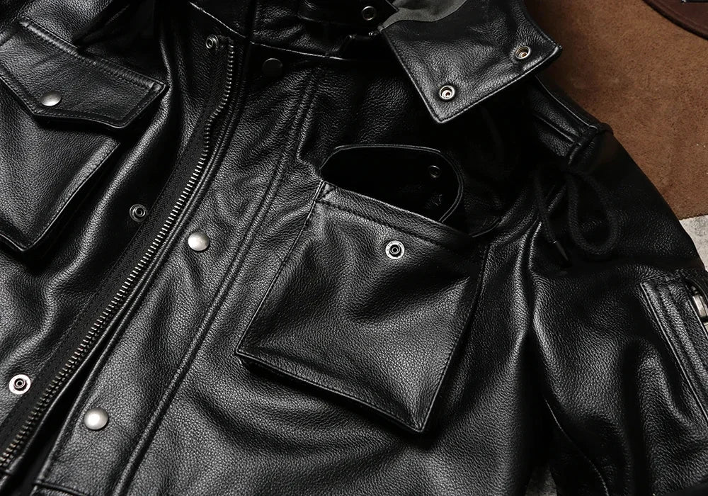 M65 Hooded & Cotton Leather Jacket Multi-Pocket Midi Cowhide Hunting Leather Jacket Winter Outdoor Cargo Leather Jacket
