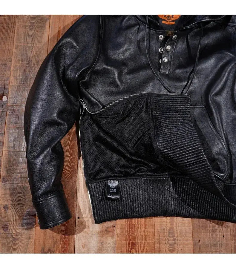 Japanese Retro Unpainted Cowhide Jacket Pullover Hoodie with Hood and Genuine Leather Jacket for Men's Motorcycle Tailor Brando