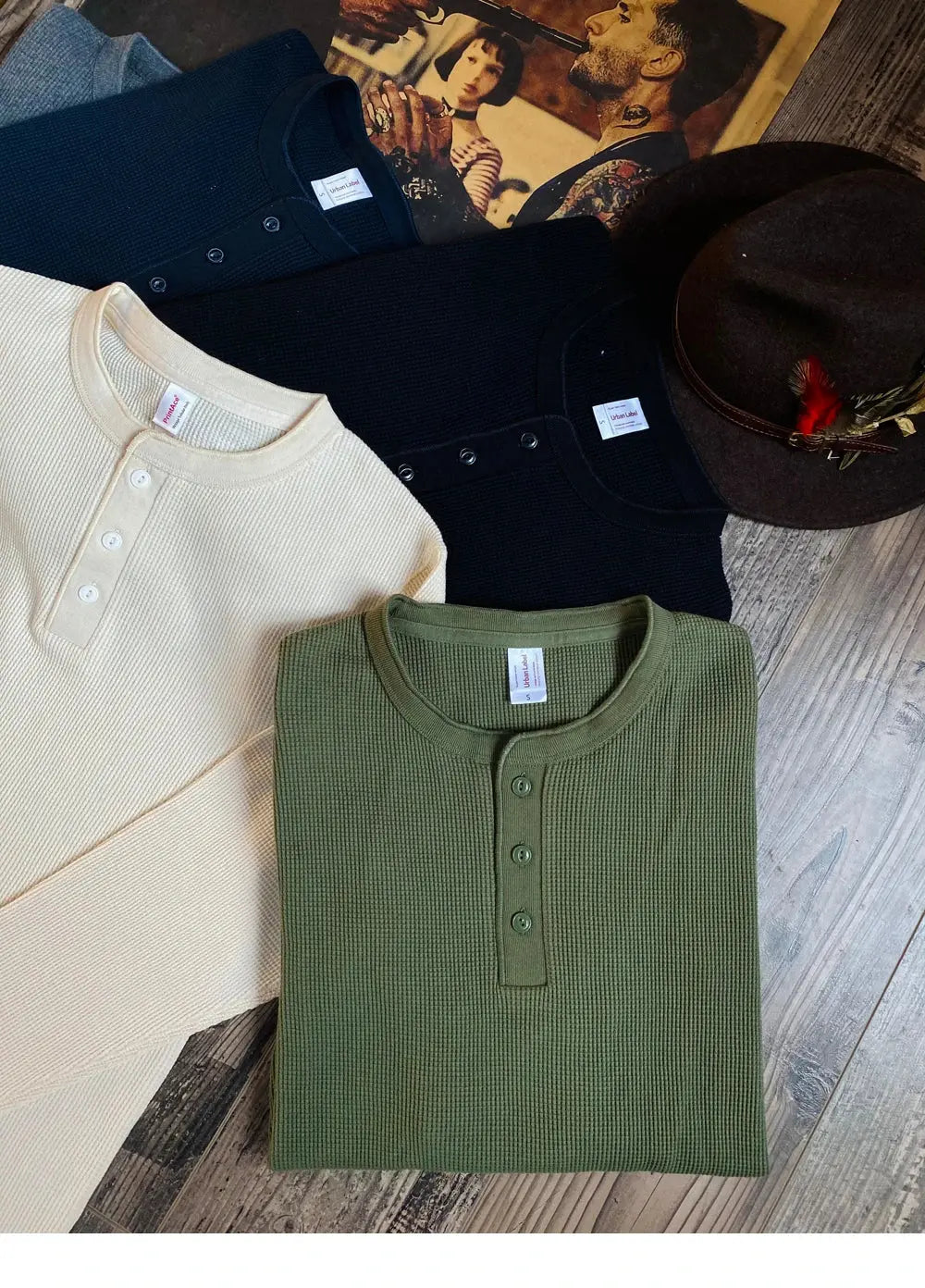 Tailor Brando Heavyweight 315g Cotton American Vintage Waffle Pattern Henley Collar Long Sleeve T-shirt Tailor Brando