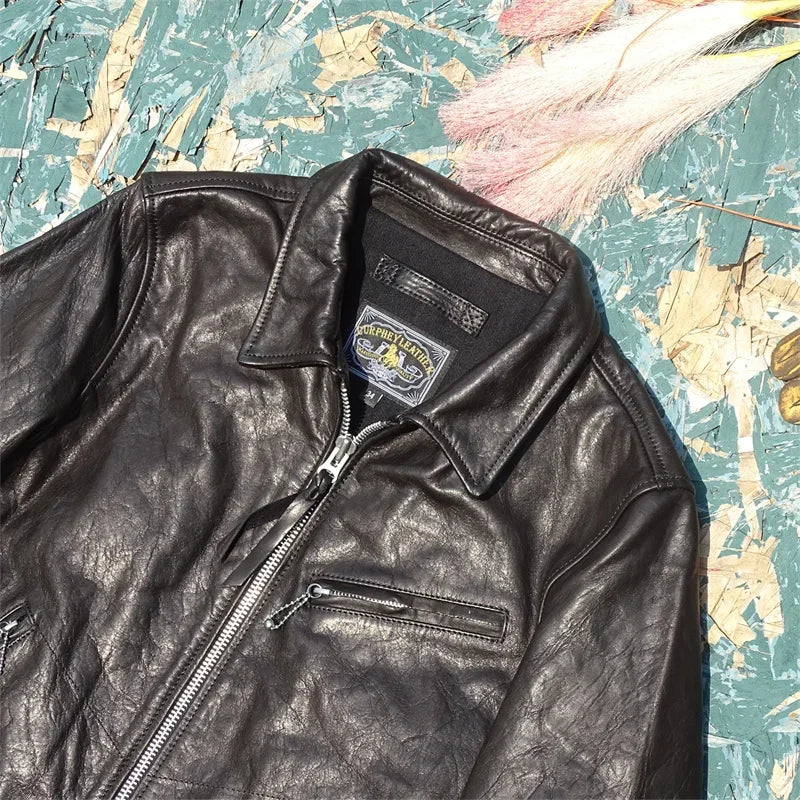 Tailor Brando Top Oil Wax Horse Leather Leather Jacket Men's Mulholland Lapel Slim Jacket