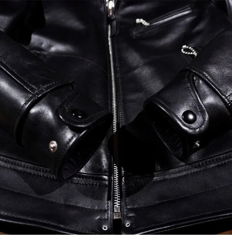 Classic Muhrando Wooden Box Leather Coat Italian Unpainted Wax Dyed Cowhide Motorcycle Leather Jacket Slim Fit Short Men's