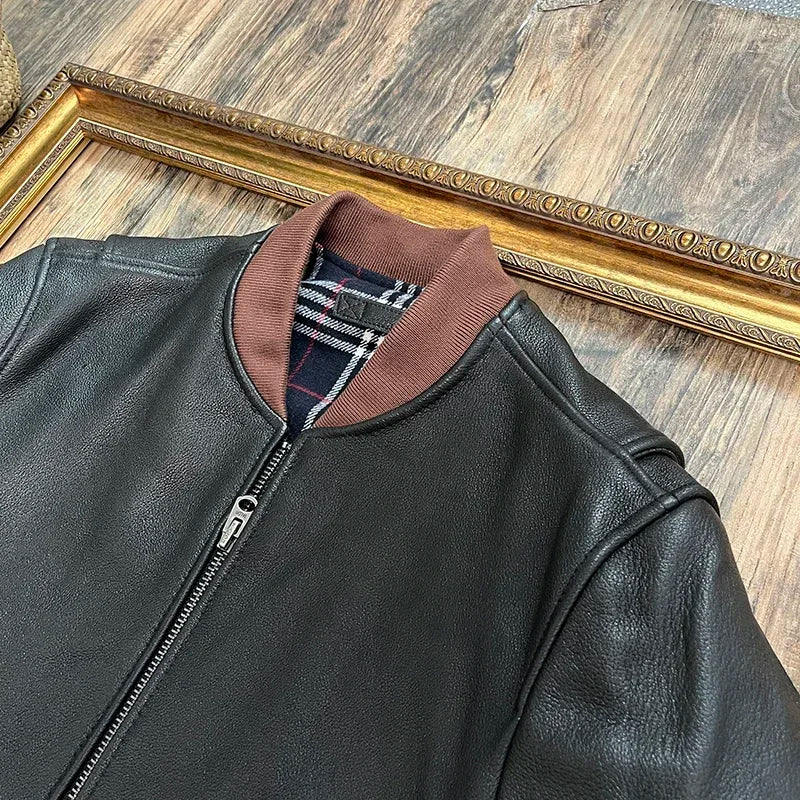 Tailor Brando 1.4mm Goatskin American Retro MA-1 Stand-up Collar Baseball Jacket Genuine Leather Jacket