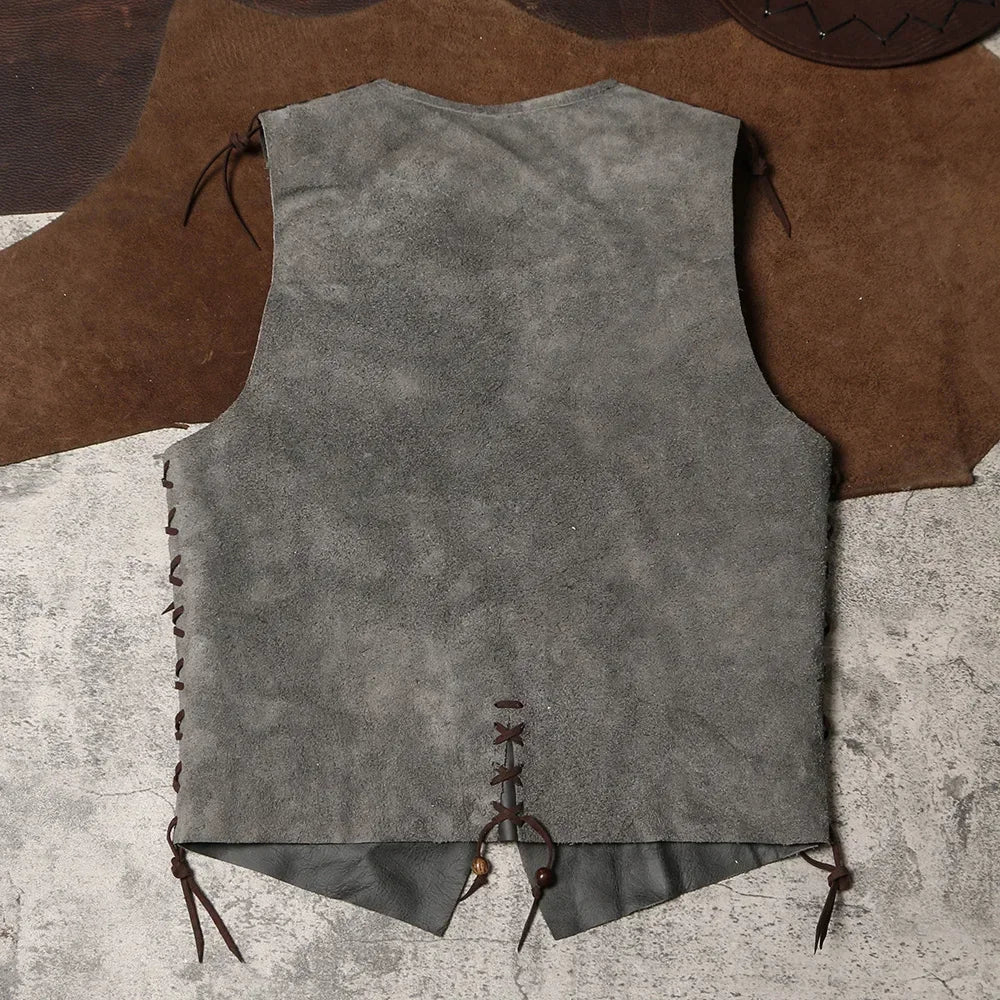 Horse Riding Genuine Leather Vest Handmade Collarless Cowhide Vest From The Middle Ancient Western Tribe Wearing Leather Kam