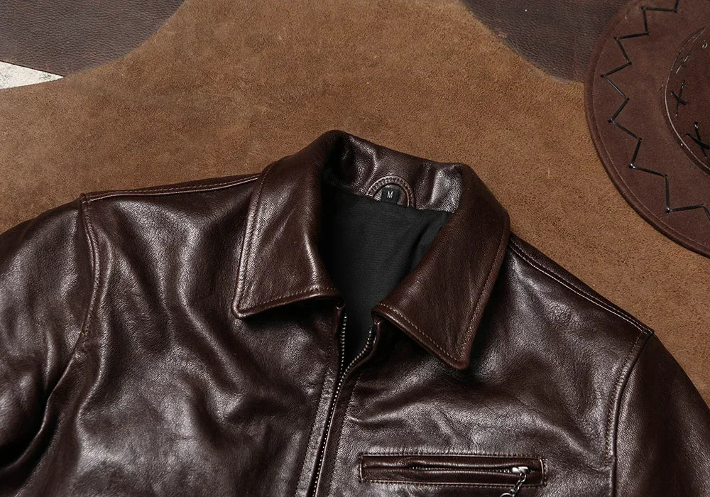 Tailor Brando Retro Men's Lapel Workwear Newsboy Cowhide Jacket Wax Dyed Goat Genuine Leather Jacke