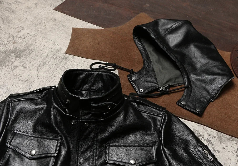 M65 Hooded & Cotton Leather Jacket Multi-Pocket Midi Cowhide Hunting Leather Jacket Winter Outdoor Cargo Leather Jacket
