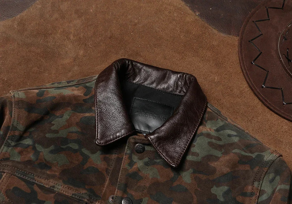 Tailor Brando Camouflage Heavy-duty Frosted Cowhide Jacket Men's Workwear 507 High Waisted Genuine Leather Jacket