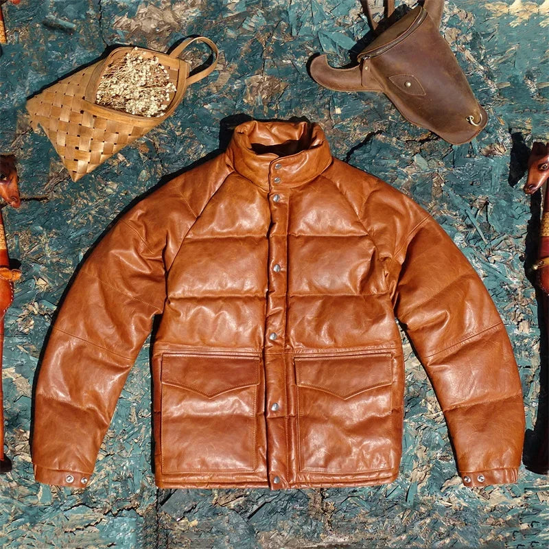 Kimura Style Big Bread Down Jacket!beeswax Color Oil Wax Small Young Horse Skin Leather Leather Jacket Male White Duck Down