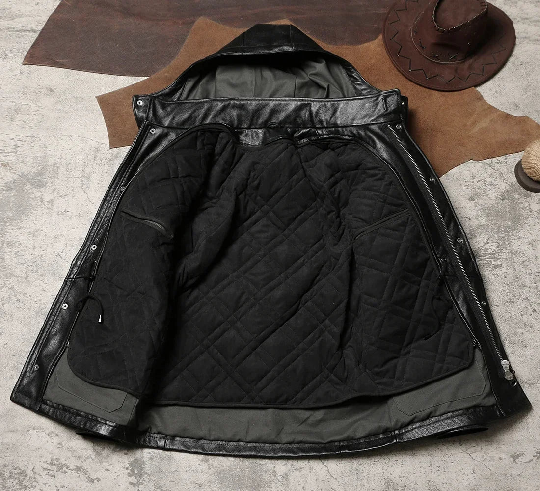 M65 Hooded & Cotton Leather Jacket Multi-Pocket Midi Cowhide Hunting Leather Jacket Winter Outdoor Cargo Leather Jacket