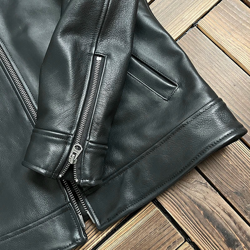 Tailor Brando Full Grain Water-dyed Cowhide Men's Casual Hooded Short Genuine Leather Jacket