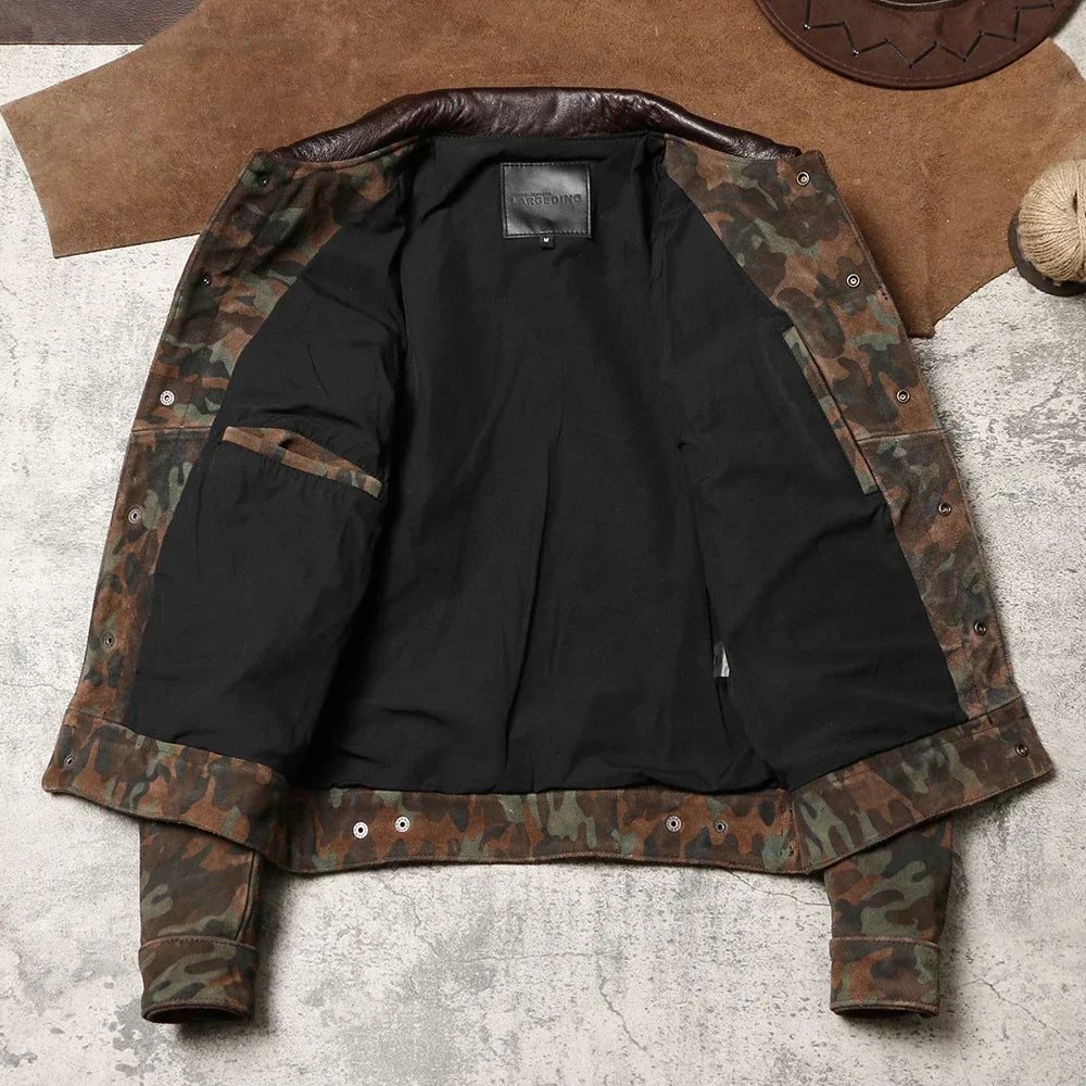 Tailor Brando Camouflage Heavy-duty Frosted Cowhide Jacket Men's Workwear 507 High Waisted Genuine Leather Jacket